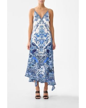 CAMILLA Bias Slip Dress With Frill Hem A Tiled Wonderland - Blue