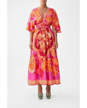 CAMILLA Waisted Dress With Hem Ruffle Tiles Of Türkiye - Red