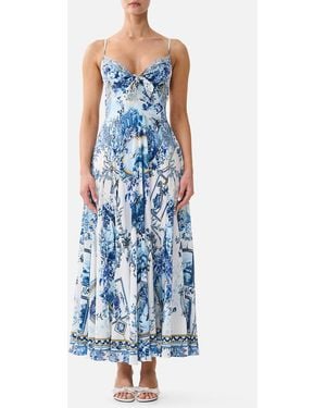 CAMILLA Long Dress With Tie Front The Porcelain Parlour - Blue