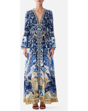 CAMILLA Shaped Waistband Dress With Ruffle Sleeve Sweet Sacré Bleu - Blue