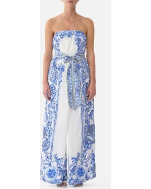 CAMILLA Front Pleat Strapless Jumpsuit Ceramic Panoramic - Blue