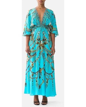 CAMILLA Twist Front Waisted Dress Totems And Treasures - Blue