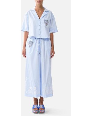 CAMILLA Cropped Camp Collar Blouse Ottoman Opulence - Blue