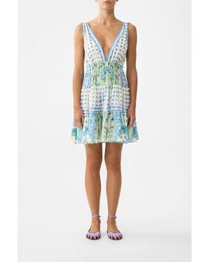 CAMILLA Tiered Short Dress With Shoulder Ties Midsummer Mosaics - Blue