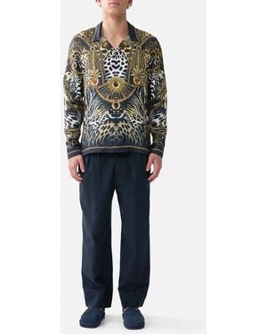 CAMILLA Long Sleeve Camp Collared Shirt Feline Folklore - Blue