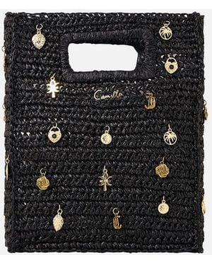 CAMILLA Raffia Mini North South Tote With Charms Solid - Black