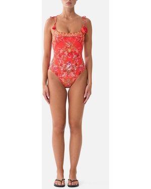 CAMILLA Straight Neck One Piece With Rosette Detail Olé Olé - Red