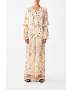 CAMILLA Elastic Sleeve Tie Front Blouse Adorned - Natural