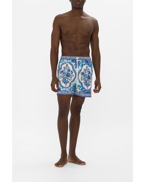 CAMILLA Mid Length Boardshort With Elastic Waist A Ceramic Garden - Blue