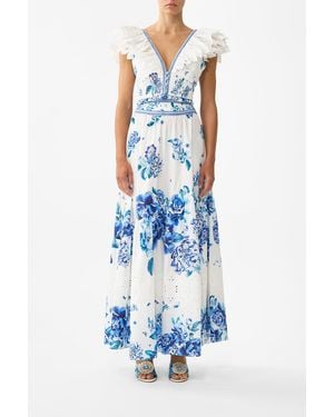CAMILLA Deep V Frill Short Sleeve Top A Ceramic Garden - White