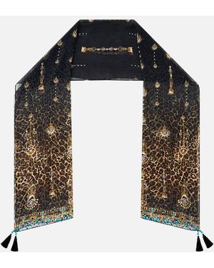 CAMILLA Long Silk Crinkle Chiffon Scarf Feline Folklore - Black