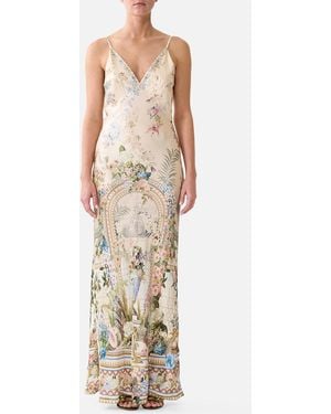 CAMILLA V Neck Full Length Bias Slip Dress Midsummer Masterpiece - White