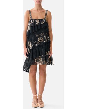 CAMILLA Asymmetric Spliced Lace Mini Dress Flamenco Folklore - Black