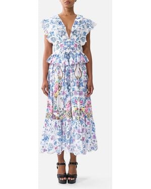 CAMILLA Waisted Midi Dress With Ruffle Details All About That Lace - Blue