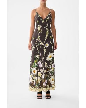 CAMILLA V Neck Full Length Bias Slip Dress Dish It, Daisy - White
