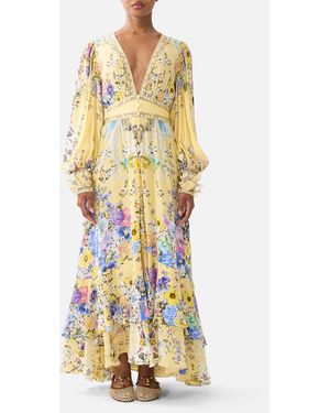 CAMILLA Long Button Front Dress Darling Buds - Metallic