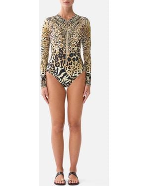 CAMILLA Long Sleeve Zip Front Paddle Suit Leotigra Land - Brown
