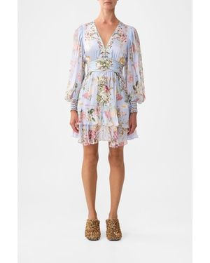 CAMILLA Button Front Frill Dress Tiled - Purple