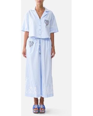 CAMILLA Cropped Camp Collar Blouse Ottoman Opulence - Blue