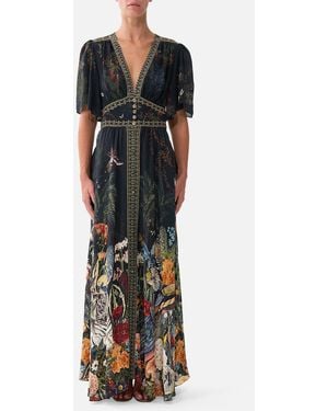 CAMILLA Shaped Waistband Dress With Flutter Sleeves Palace Zoology - Black