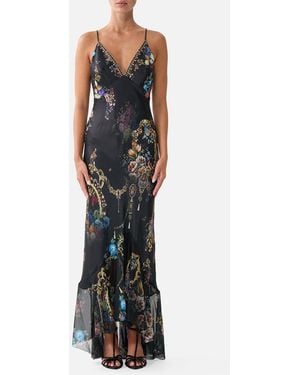CAMILLA V Neck Slip Dress With Flounce Hem Night Garden - Black