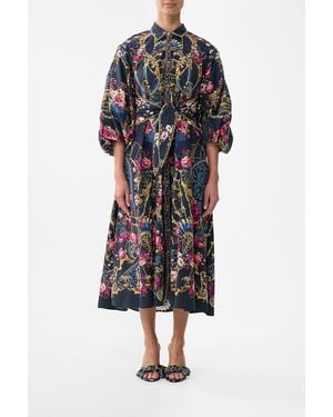 CAMILLA Waist Tie Shirt Dress With Bubble Sleeve Ornate On A Plate - Black