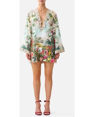 CAMILLA Deep V Neck Hardware Short Kaftan La Belle Botanique - Green