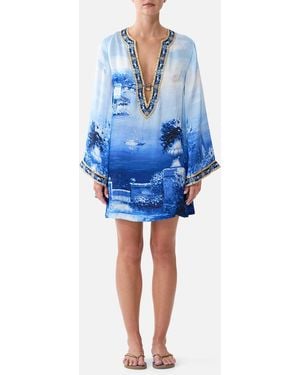 CAMILLA Deep V Neck Hardware Short Kaftan Sweet Sacré Bleu - Blue