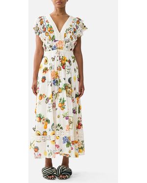 CAMILLA Flutter Sleeve Midi Dress With Frill Detail Magic Of The Mercado - White