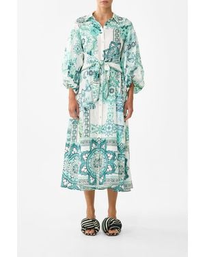 CAMILLA Waist Tie Shirt Dress With Bubble Sleeve - Green