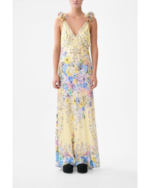 CAMILLA V Neck Bias Slip Dress With Back Frill Darling Buds - White