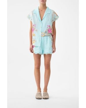 CAMILLA Button Through Collared Top Bazaar Blooms - Blue