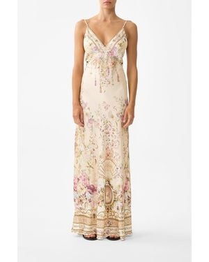 CAMILLA V Neck Full Length Bias Slip Dress Adorned - Natural