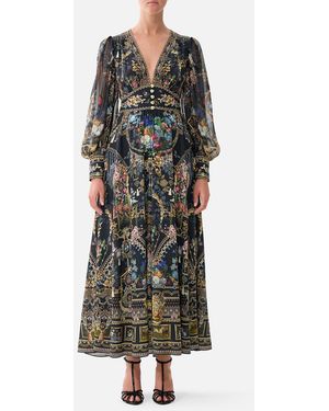 CAMILLA Shaped Waistband Dress With Gathered Sleeves - Green