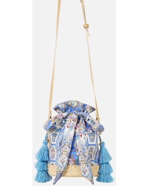 CAMILLA Tie Top Bucket Bag With Tassels Ottoman Opulence - Blue