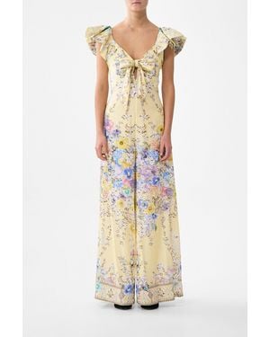 CAMILLA Tie Front Frill Sleeve Jumpsuit Darling Buds - Metallic