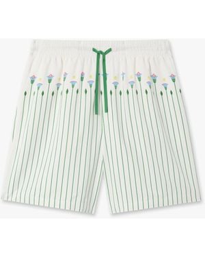 Casablanca Paris Floral Stripe Sporty Linen Shorts, By - Blue