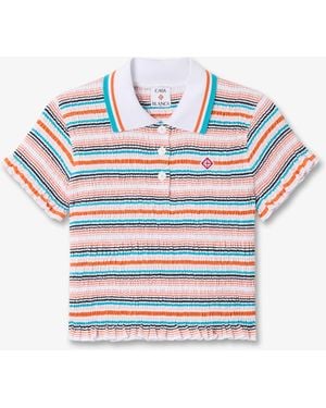 Casablanca Paris Multicolour Striped Shirred Short Sleeve Polo Shirt, By - Blue
