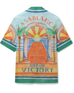 Casablanca Paris Day Of Victory Short Sleeve Linen Shirt, By - Blue