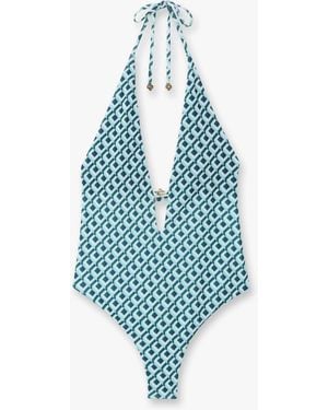 Casablanca Paris Cubist Cc Monogram Plunge Swimsuit, By - Blue