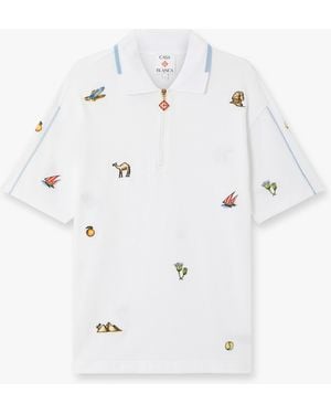 Casablanca Paris Icon Quarter Zip Embroidered Short Sleeve Polo Shirt - White