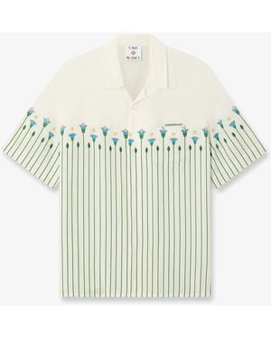 Casablanca Paris Linen Floral Stripe Sporty Short Sleeve Shirt, By - White