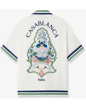 Casablanca Paris Hotel Emblem Short Sleeve Silk Shirt - Blue