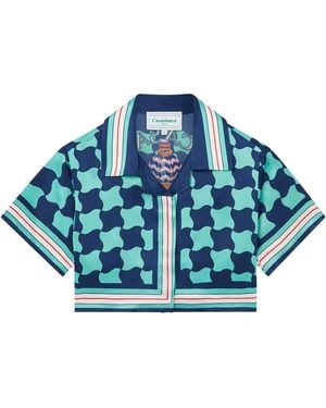 Casablanca Paris Pool Tile Cropped Silk Shirt, Size By - Blue