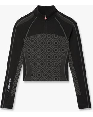 Casablanca Paris Seamless Monogram Half Zip Long Sleeve Top, By - Black