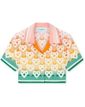 Casablanca Paris Gradient Heart Monogram Cropped Short Sleeve Silk Shirt, Size By - Grey