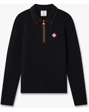 Casablanca Paris Wool Waffle Stitch Long Sleeve Polo Shirt - Blue