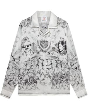 Casablanca Paris Tattoo Long Sleeve Silk Shirt - White