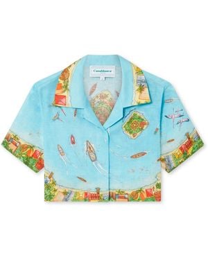 Casablanca Paris Maison Sur Piloti Cropped Short Sleeve Linen Shirt, Size By - Blue