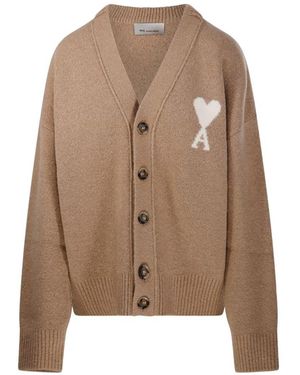 Ami Paris Cardigan Con Scollo A V Ami De Coeur - Marrone